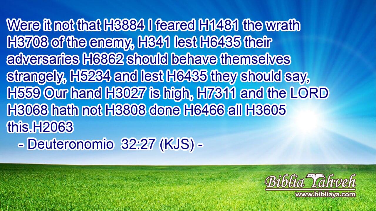 Were it not that H3884 I feared H1481 the wrath H3708 of the enemy, H341 lest H6435 their adversaries H6862 should behave themselves strangely, H5234 and lest H6435 they should say, H559 Our hand H3027 is high, H7311 and the LORD H3068 hath not H3808 done H6466 all H3605 this.H2063