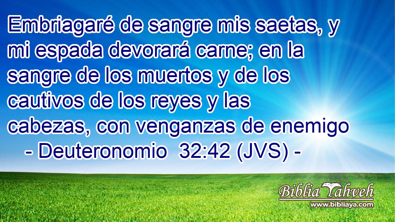 Embriagaré de sangre mis saetas, y mi espada devorará carne; en la sangre de los muertos y de los cautivos de los reyes y las cabezas, con venganzas de enemigo