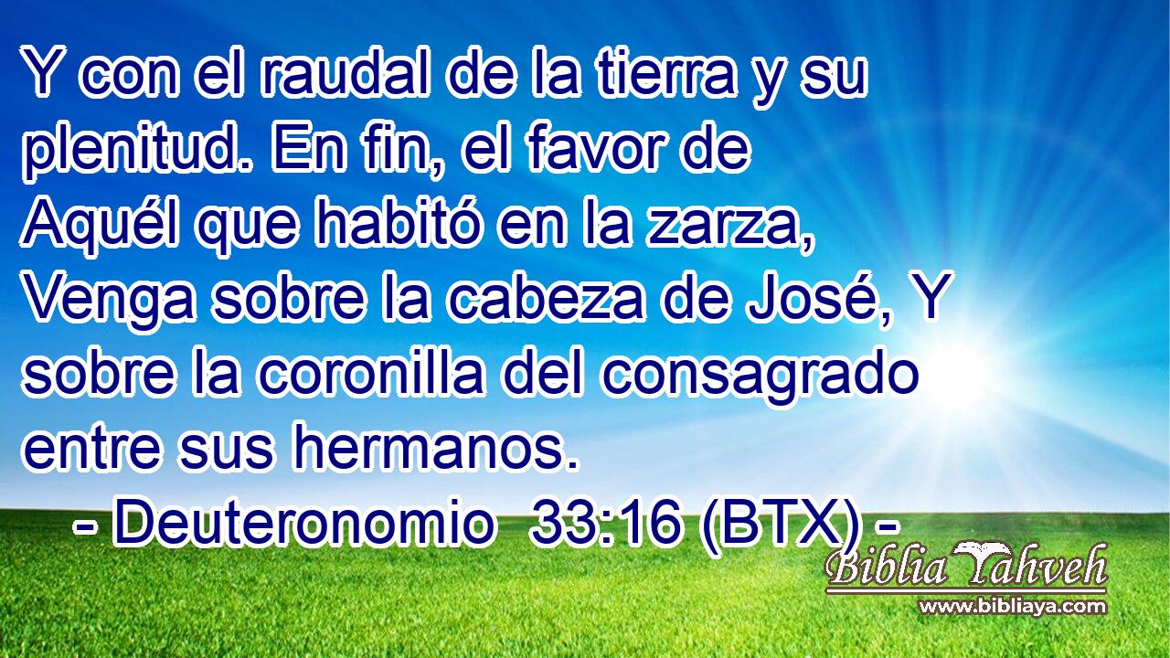 Y con el raudal de la tierra y su plenitud. En fin, el favor de Aquél que habitó en la zarza, Venga sobre la cabeza de José, Y sobre la coronilla del consagrado entre sus hermanos.