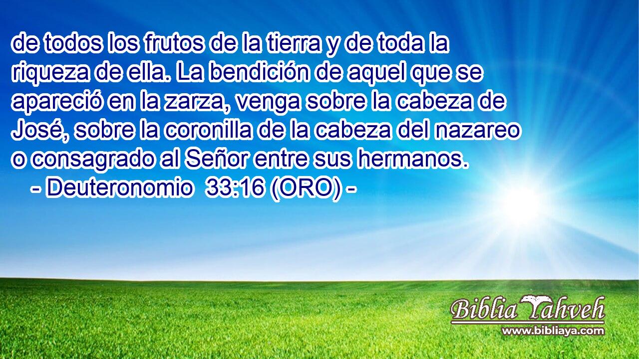  de todos los frutos de la tierra y de toda la riqueza de ella. La bendición de aquel que se apareció en la zarza, venga sobre la cabeza de José, sobre la coronilla de la cabeza del nazareo o consagrado al Señor entre sus hermanos. 