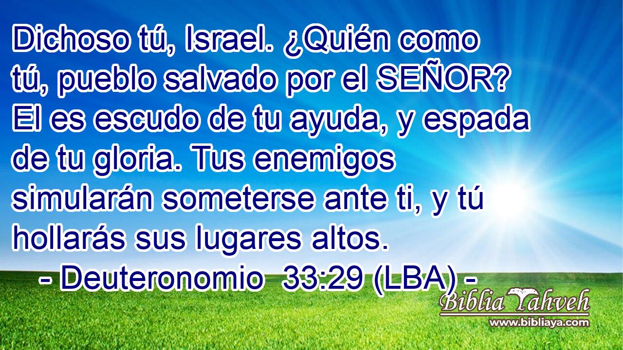 Dichoso tú, Israel. ¿Quién como tú, pueblo salvado por el SEÑOR? El es escudo de tu ayuda, y espada de tu gloria. Tus enemigos simularán someterse ante ti, y tú hollarás sus lugares altos.