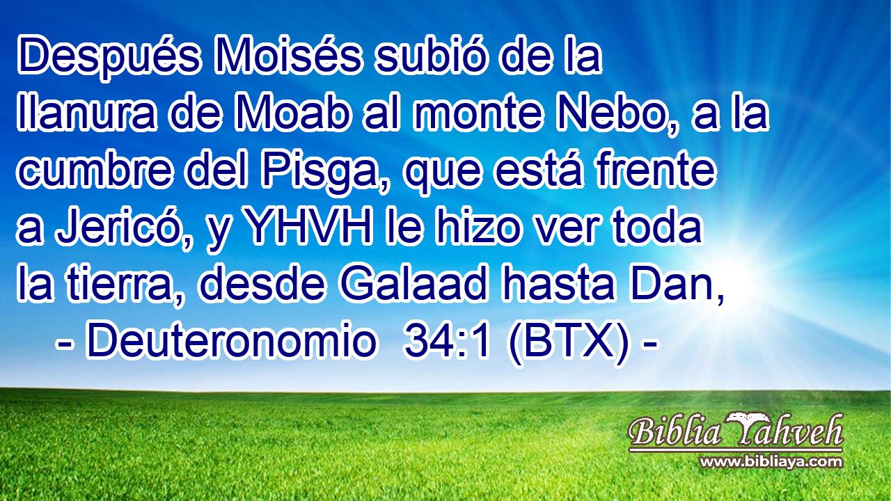 Después Moisés subió de la llanura de Moab al monte Nebo, a la cumbre del Pisga, que está frente a Jericó, y YHVH le hizo ver toda la tierra, desde Galaad hasta Dan,
