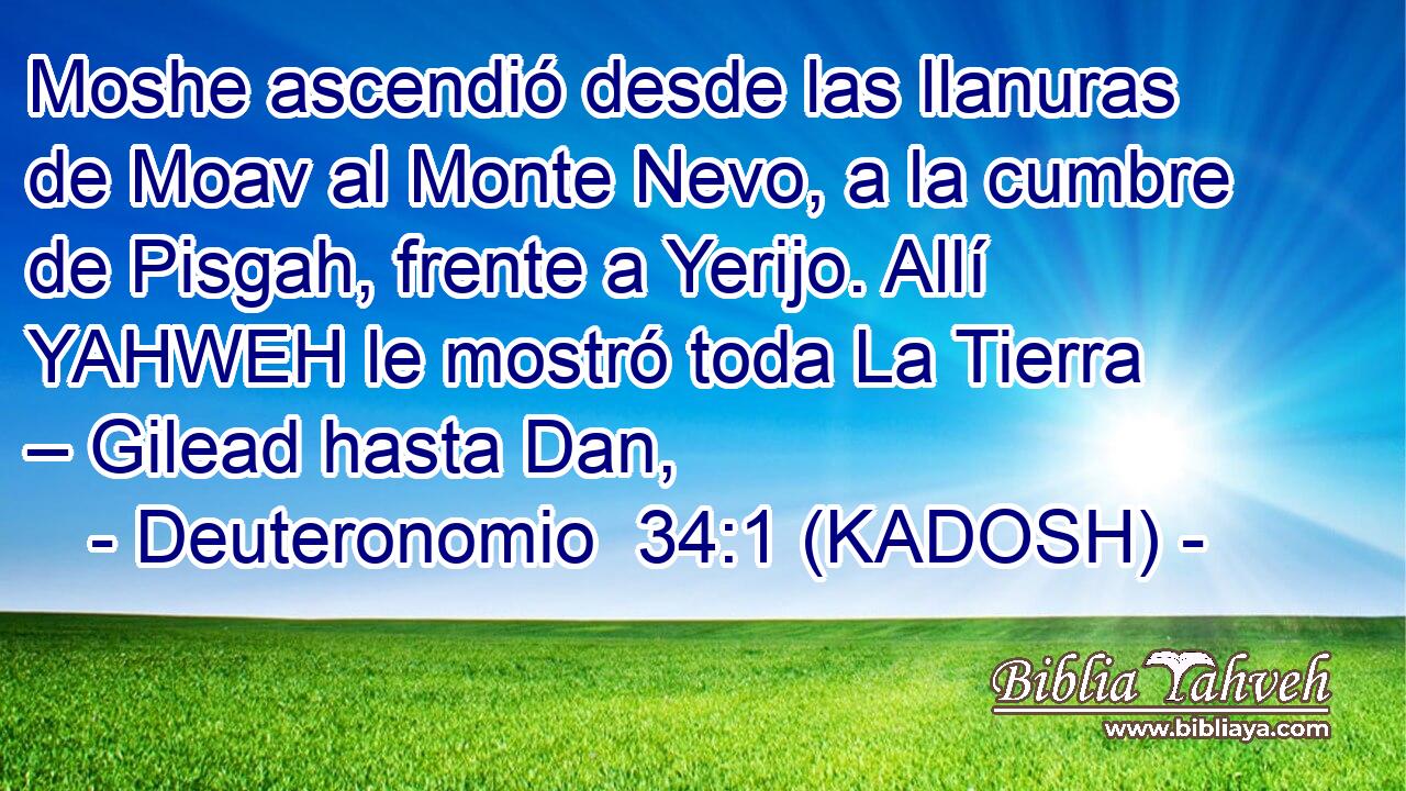  Moshe ascendió desde las llanuras de Moav al Monte Nevo, a la cumbre de Pisgah, frente a Yerijo. Allí YAHWEH le mostró toda La Tierra – Gilead hasta Dan, 