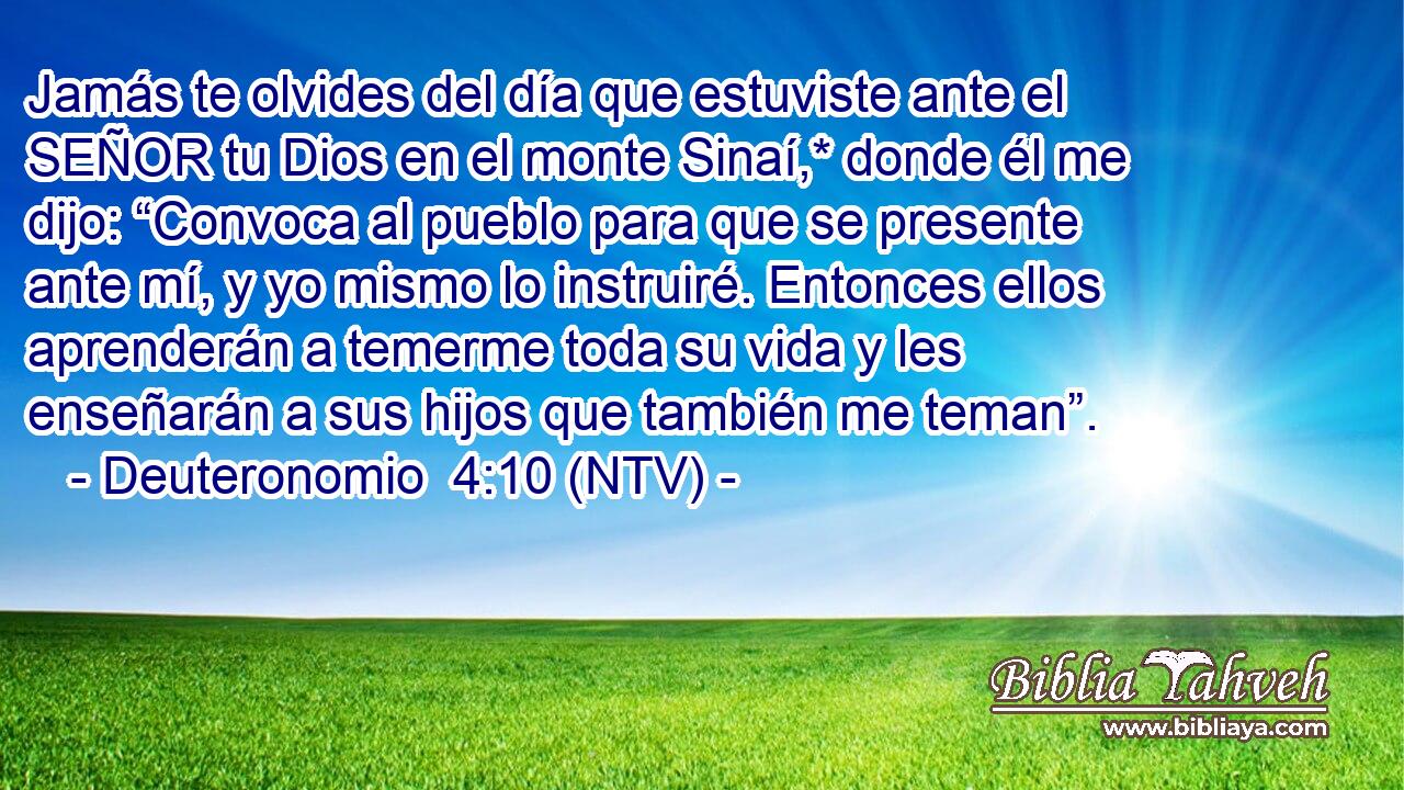 Jamás te olvides del día que estuviste ante el SEÑOR tu Dios en el monte Sinaí,* donde él me dijo: “Convoca al pueblo para que se presente ante mí, y yo mismo lo instruiré. Entonces ellos aprenderán a temerme toda su vida y les enseñarán a sus hijos que también me teman”.