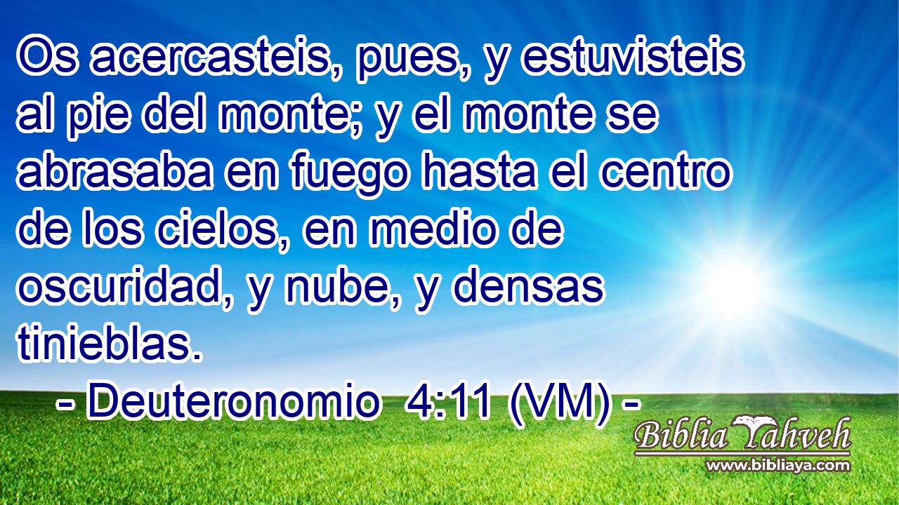  Os acercasteis, pues, y estuvisteis al pie del monte; y el monte se abrasaba en fuego hasta el centro de los cielos, en medio de oscuridad, y nube, y densas tinieblas. 