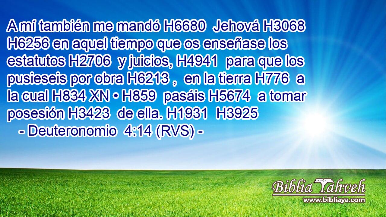 A mí también me mandó H6680  Jehová H3068  H6256 en aquel tiempo que os enseñase los estatutos H2706  y juicios, H4941  para que los pusieseis por obra H6213 ,  en la tierra H776  a la cual H834 XN • H859  pasáis H5674  a tomar posesión H3423  de ella. H1931  H3925 