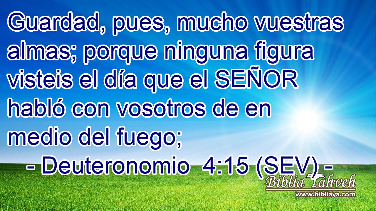 Guardad, pues, mucho vuestras almas; porque ninguna figura visteis el día que el SEÑOR habló con vosotros de en medio del fuego;