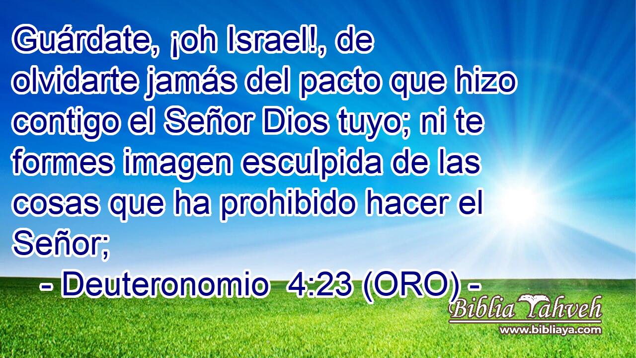  Guárdate, ¡oh Israel!, de olvidarte jamás del pacto que hizo contigo el Señor Dios tuyo; ni te formes imagen esculpida de las cosas que ha prohibido hacer el Señor; 