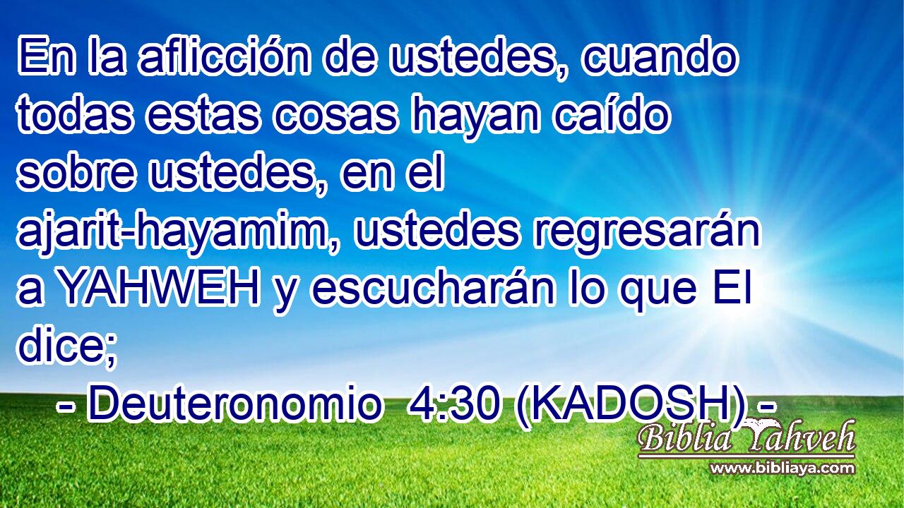  En la aflicción de ustedes, cuando todas estas cosas hayan caído sobre ustedes, en el ajarit-hayamim, ustedes regresarán a YAHWEH y escucharán lo que El dice; 