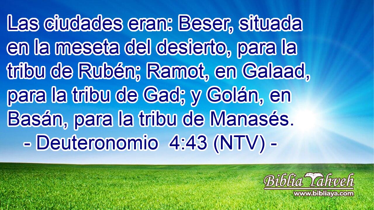 Las ciudades eran: Beser, situada en la meseta del desierto, para la tribu de Rubén; Ramot, en Galaad, para la tribu de Gad; y Golán, en Basán, para la tribu de Manasés.