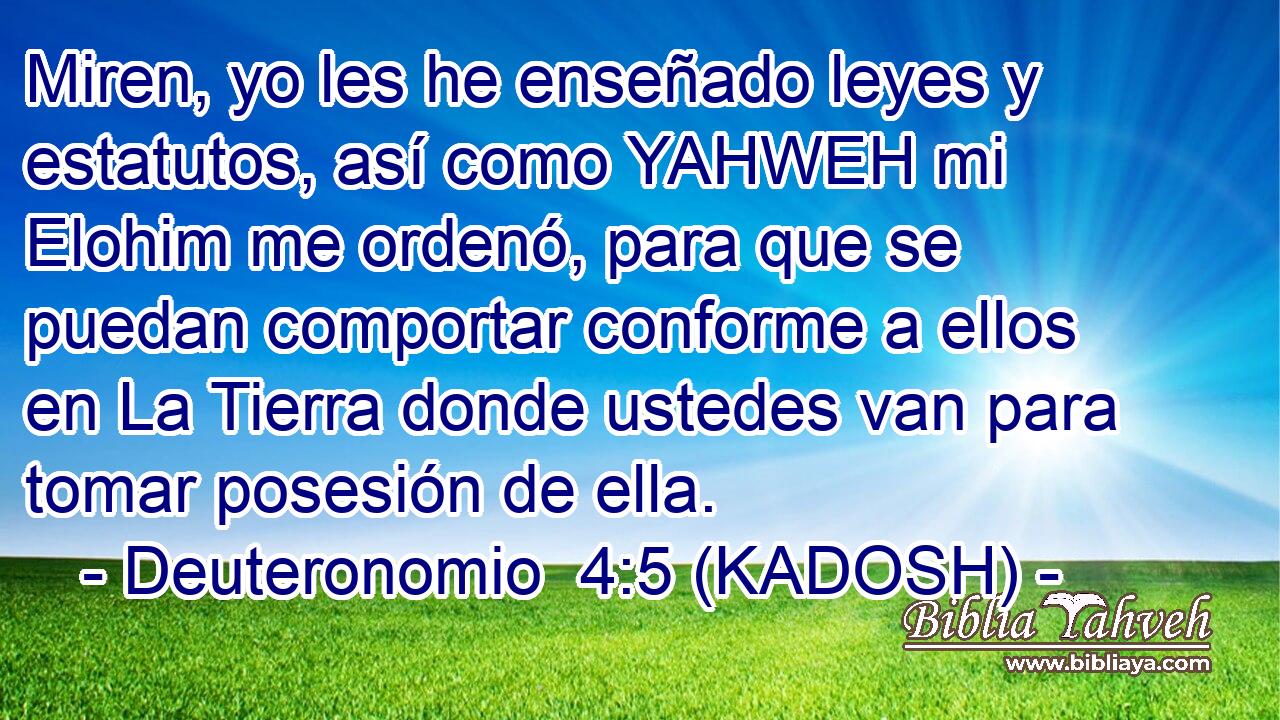  Miren, yo les he enseñado leyes y estatutos, así como YAHWEH mi Elohim me ordenó, para que se puedan comportar conforme a ellos en La Tierra donde ustedes van para tomar posesión de ella. 