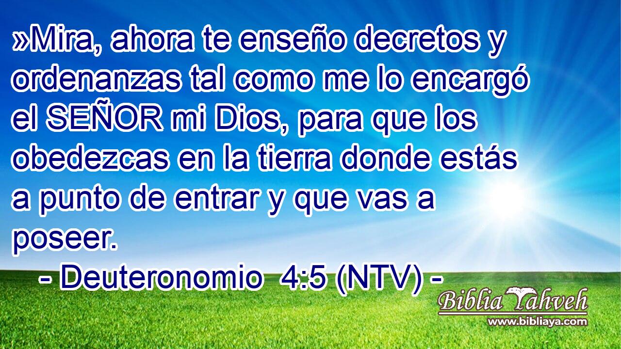 »Mira, ahora te enseño decretos y ordenanzas tal como me lo encargó el SEÑOR mi Dios, para que los obedezcas en la tierra donde estás a punto de entrar y que vas a poseer.