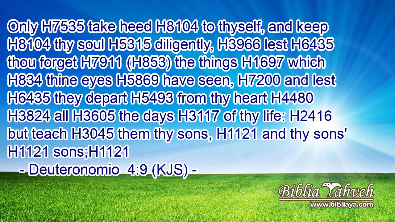 Only H7535 take heed H8104 to thyself, and keep H8104 thy soul H5315 diligently, H3966 lest H6435 thou forget H7911 (H853) the things H1697 which H834 thine eyes H5869 have seen, H7200 and lest H6435 they depart H5493 from thy heart H4480  H3824 all H3605 the days H3117 of thy life: H2416 but teach H3045 them thy sons, H1121 and thy sons' H1121 sons;H1121