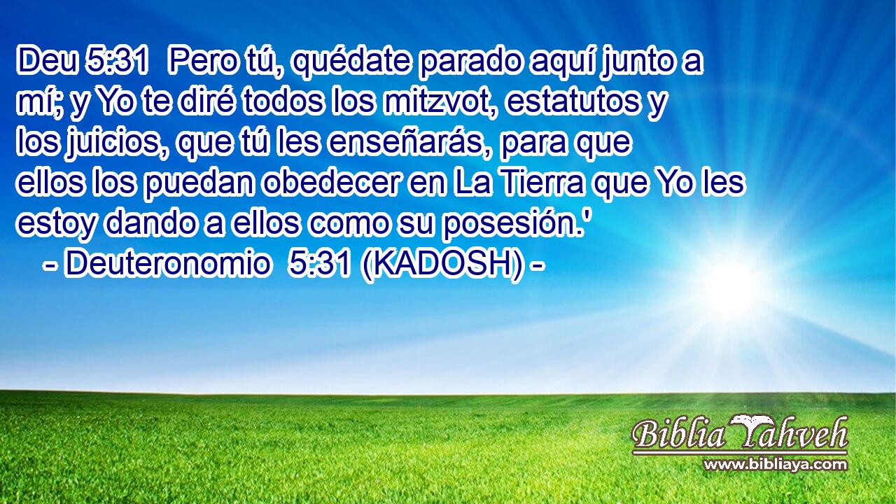  Pero tú, quédate parado aquí junto a mí; y Yo te diré todos los mitzvot, estatutos y los juicios, que tú les enseñarás, para que ellos los puedan obedecer en La Tierra que Yo les estoy dando a ellos como su posesión.' 
