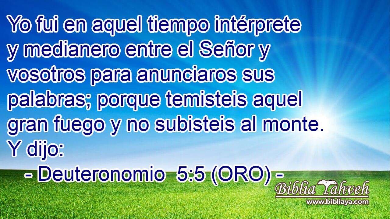  Yo fui en aquel tiempo intérprete y medianero entre el Señor y vosotros para anunciaros sus palabras; porque temisteis aquel gran fuego y no subisteis al monte. Y dijo: 