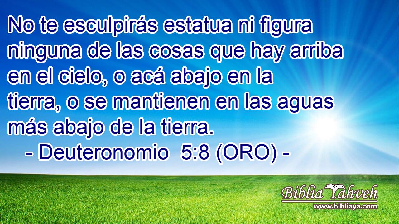  No te esculpirás estatua ni figura ninguna de las cosas que hay arriba en el cielo, o acá abajo en la tierra, o se mantienen en las aguas más abajo de la tierra. 