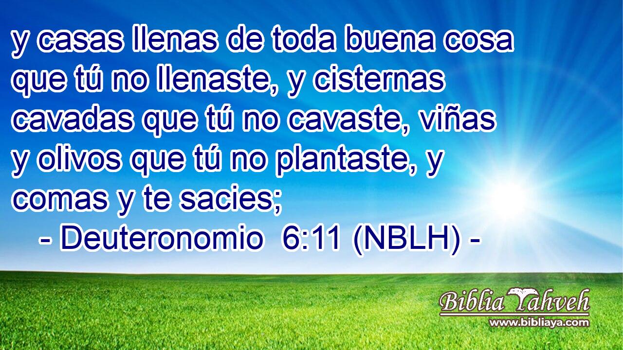  y casas llenas de toda buena cosa que tú no llenaste, y cisternas cavadas que tú no cavaste, viñas y olivos que tú no plantaste, y comas y te sacies; 