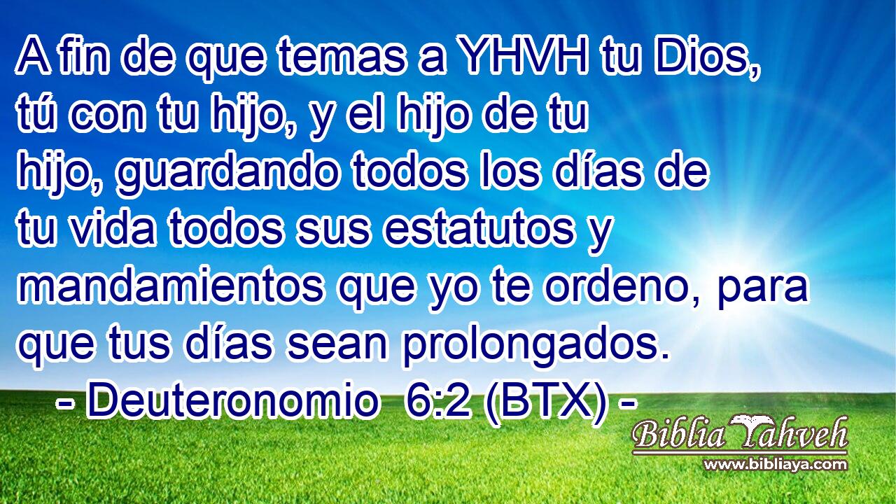 A fin de que temas a YHVH tu Dios, tú con tu hijo, y el hijo de tu hijo, guardando todos los días de tu vida todos sus estatutos y mandamientos que yo te ordeno, para que tus días sean prolongados.