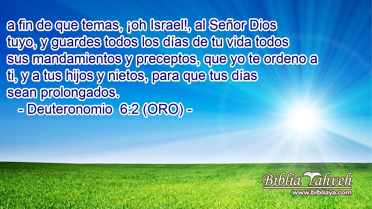  a fin de que temas, ¡oh Israel!, al Señor Dios tuyo, y guardes todos los días de tu vida todos sus mandamientos y preceptos, que yo te ordeno a ti, y a tus hijos y nietos, para que tus días sean prolongados. 