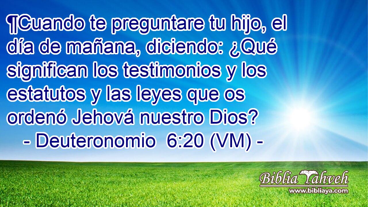  ¶Cuando te preguntare tu hijo, el día de mañana, diciendo: ¿Qué significan los testimonios y los estatutos y las leyes que os ordenó Jehová nuestro Dios? 