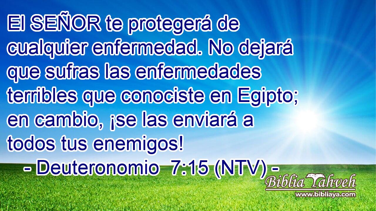 El SEÑOR te protegerá de cualquier enfermedad. No dejará que sufras las enfermedades terribles que conociste en Egipto; en cambio, ¡se las enviará a todos tus enemigos!