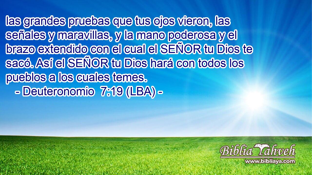 las grandes pruebas que tus ojos vieron, las señales y maravillas, y la mano poderosa y el brazo extendido con el cual el SEÑOR tu Dios te sacó. Así el SEÑOR tu Dios hará con todos los pueblos a los cuales temes.