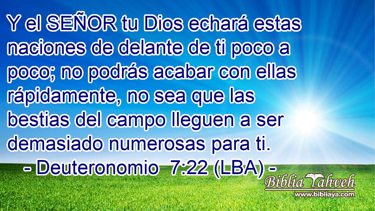 Y el SEÑOR tu Dios echará estas naciones de delante de ti poco a poco; no podrás acabar con ellas rápidamente, no sea que las bestias del campo lleguen a ser demasiado numerosas para ti.