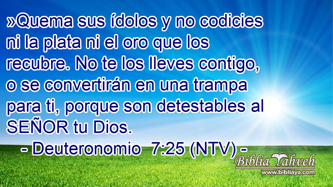 »Quema sus ídolos y no codicies ni la plata ni el oro que los recubre. No te los lleves contigo, o se convertirán en una trampa para ti, porque son detestables al SEÑOR tu Dios.