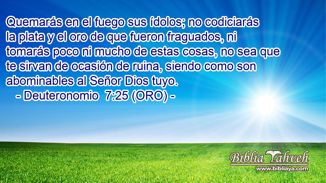  Quemarás en el fuego sus ídolos; no codiciarás la plata y el oro de que fueron fraguados, ni tomarás poco ni mucho de estas cosas, no sea que te sirvan de ocasión de ruina, siendo como son abominables al Señor Dios tuyo. 