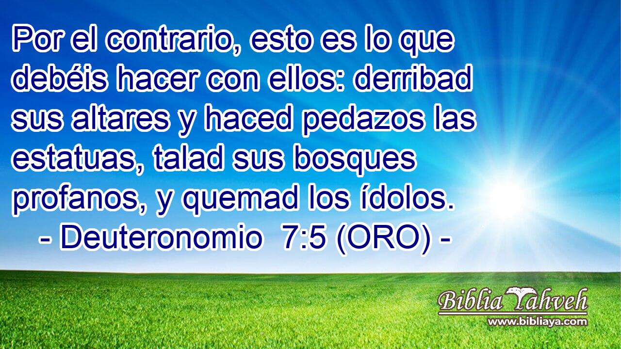  Por el contrario, esto es lo que debéis hacer con ellos: derribad sus altares y haced pedazos las estatuas, talad sus bosques profanos, y quemad los ídolos. 