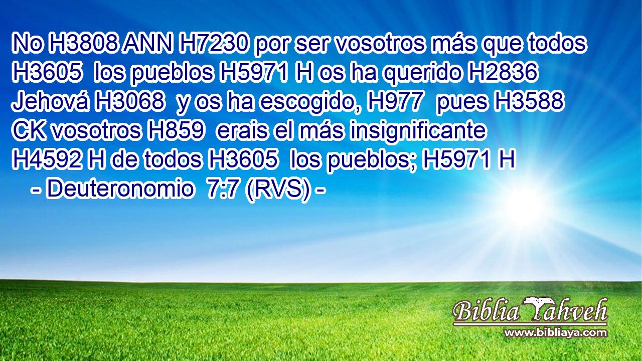 No H3808 ANN H7230 por ser vosotros más que todos H3605  los pueblos H5971 H os ha querido H2836  Jehová H3068  y os ha escogido, H977  pues H3588 CK vosotros H859  erais el más insignificante H4592 H de todos H3605  los pueblos; H5971 H 