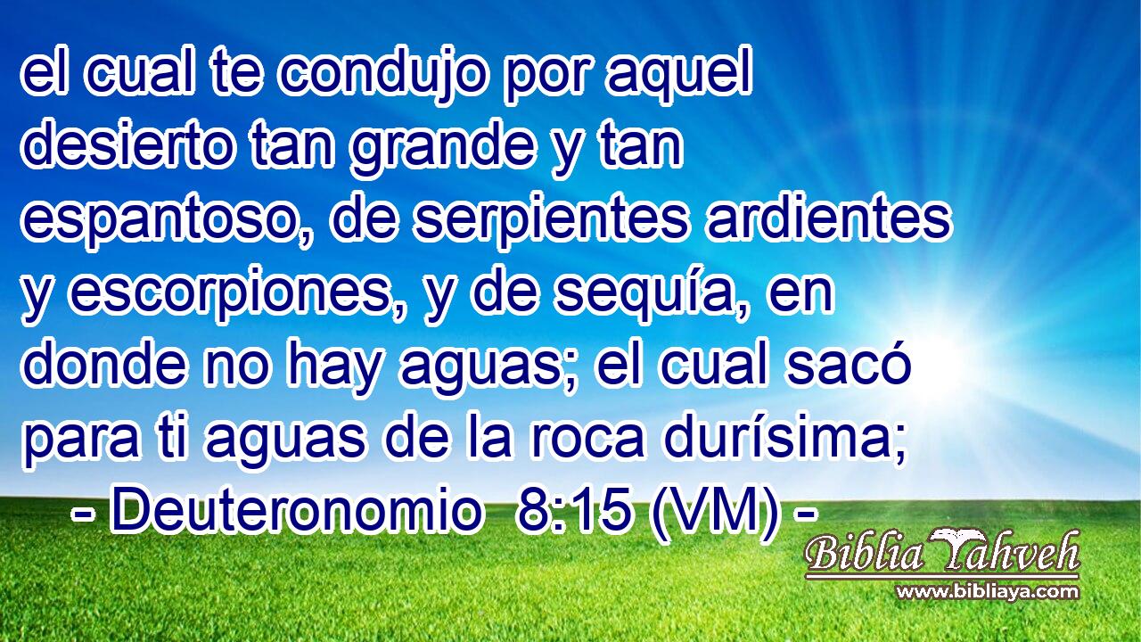  el cual te condujo por aquel desierto tan grande y tan espantoso, de serpientes ardientes y escorpiones, y de sequía, en donde no hay aguas; el cual sacó para ti aguas de la roca durísima; 