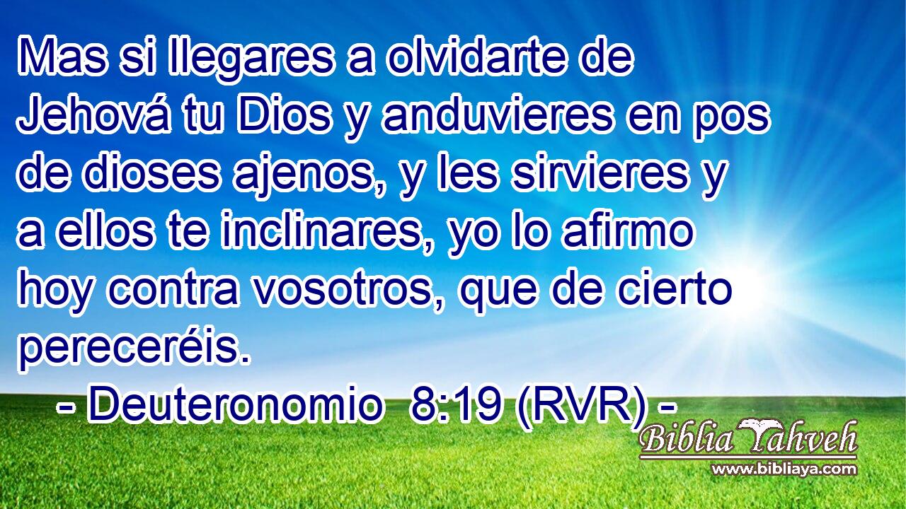 Mas si llegares a olvidarte de Jehová tu Dios y anduvieres en pos de dioses ajenos, y les sirvieres y a ellos te inclinares, yo lo afirmo hoy contra vosotros, que de cierto pereceréis.