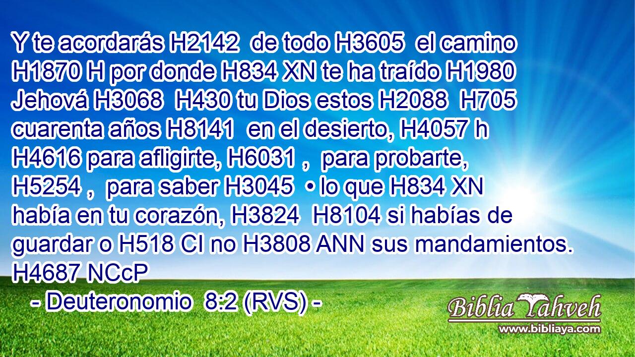 Y te acordarás H2142  de todo H3605  el camino H1870 H por donde H834 XN te ha traído H1980  Jehová H3068  H430 tu Dios estos H2088  H705 cuarenta años H8141  en el desierto, H4057 h H4616 para afligirte, H6031 ,  para probarte, H5254 ,  para saber H3045  • lo que H834 XN había en tu corazón, H3824  H8104 si habías de guardar o H518 CI no H3808 ANN sus mandamientos. H4687 NCcP
