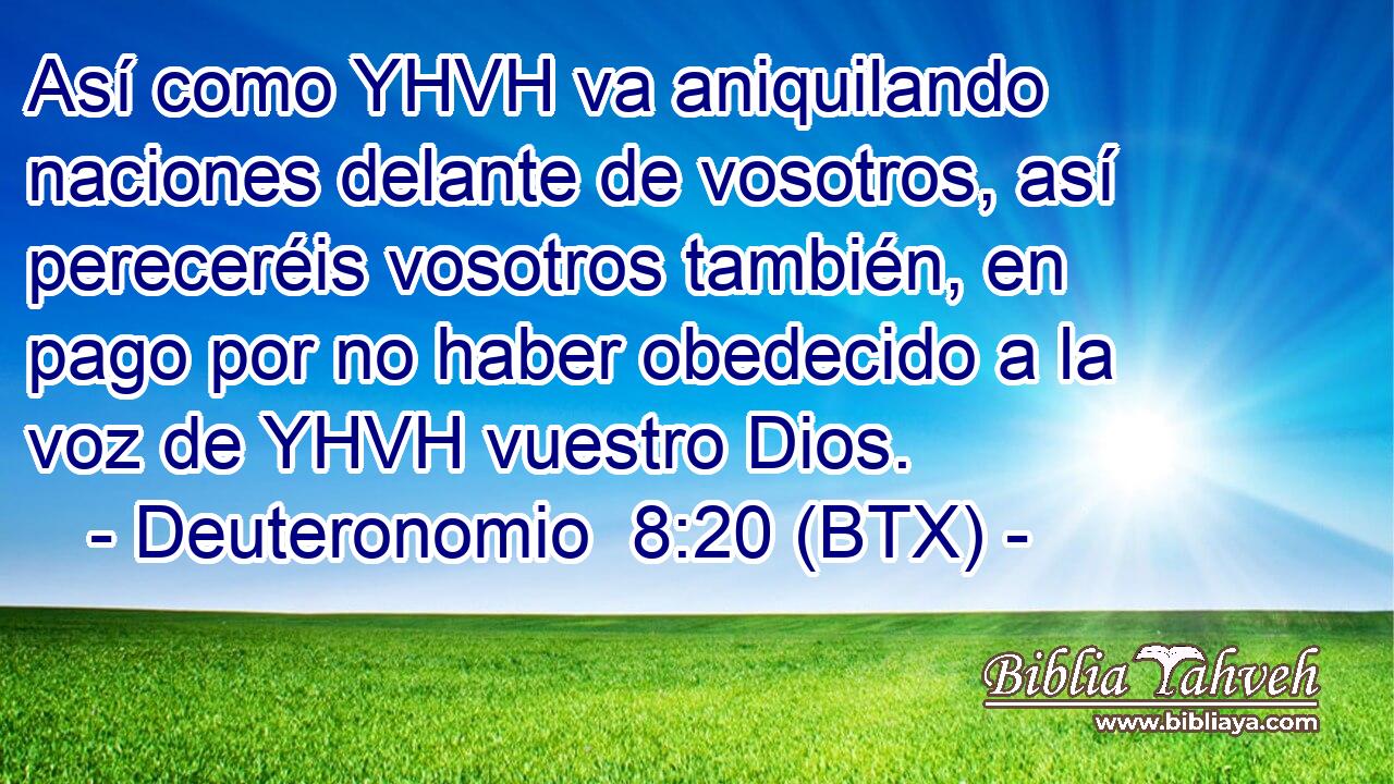 Así como YHVH va aniquilando naciones delante de vosotros, así pereceréis vosotros también, en pago por no haber obedecido a la voz de YHVH vuestro Dios.