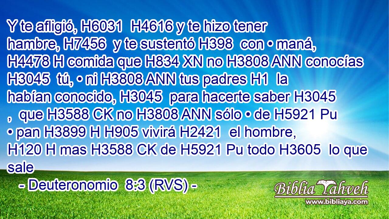 Y te afligió, H6031  H4616 y te hizo tener hambre, H7456  y te sustentó H398  con • maná, H4478 H comida que H834 XN no H3808 ANN conocías H3045  tú, • ni H3808 ANN tus padres H1  la habían conocido, H3045  para hacerte saber H3045 ,  que H3588 CK no H3808 ANN sólo • de H5921 Pu • pan H3899 H H905 vivirá H2421  el hombre, H120 H mas H3588 CK de H5921 Pu todo H3605  lo que sale 