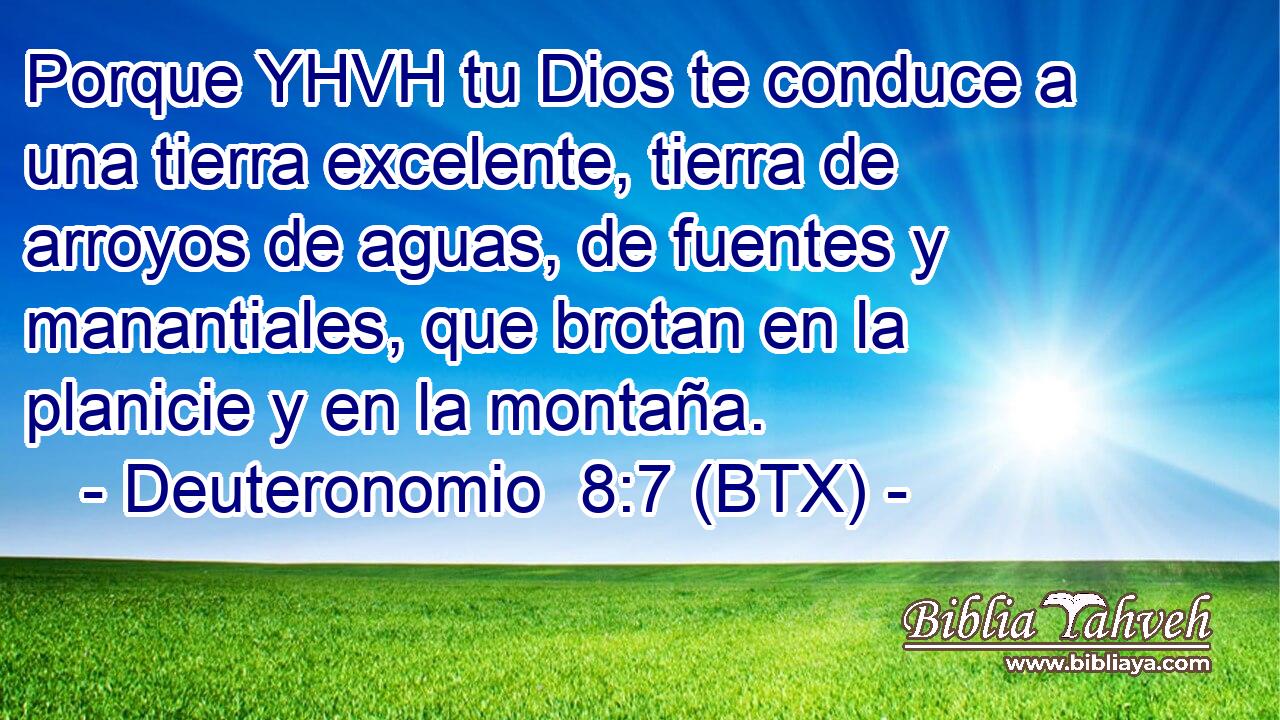 Porque YHVH tu Dios te conduce a una tierra excelente, tierra de arroyos de aguas, de fuentes y manantiales, que brotan en la planicie y en la montaña.