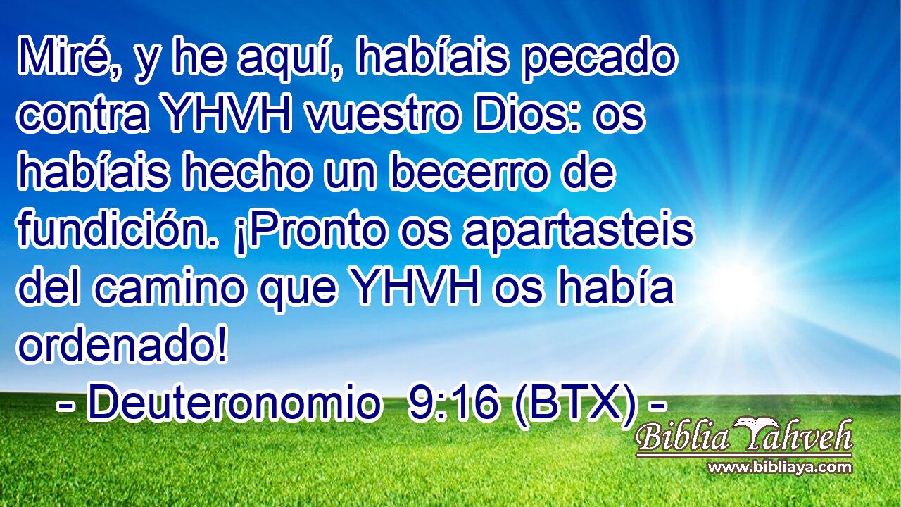 Miré, y he aquí, habíais pecado contra YHVH vuestro Dios: os habíais hecho un becerro de fundición. ¡Pronto os apartasteis del camino que YHVH os había ordenado!