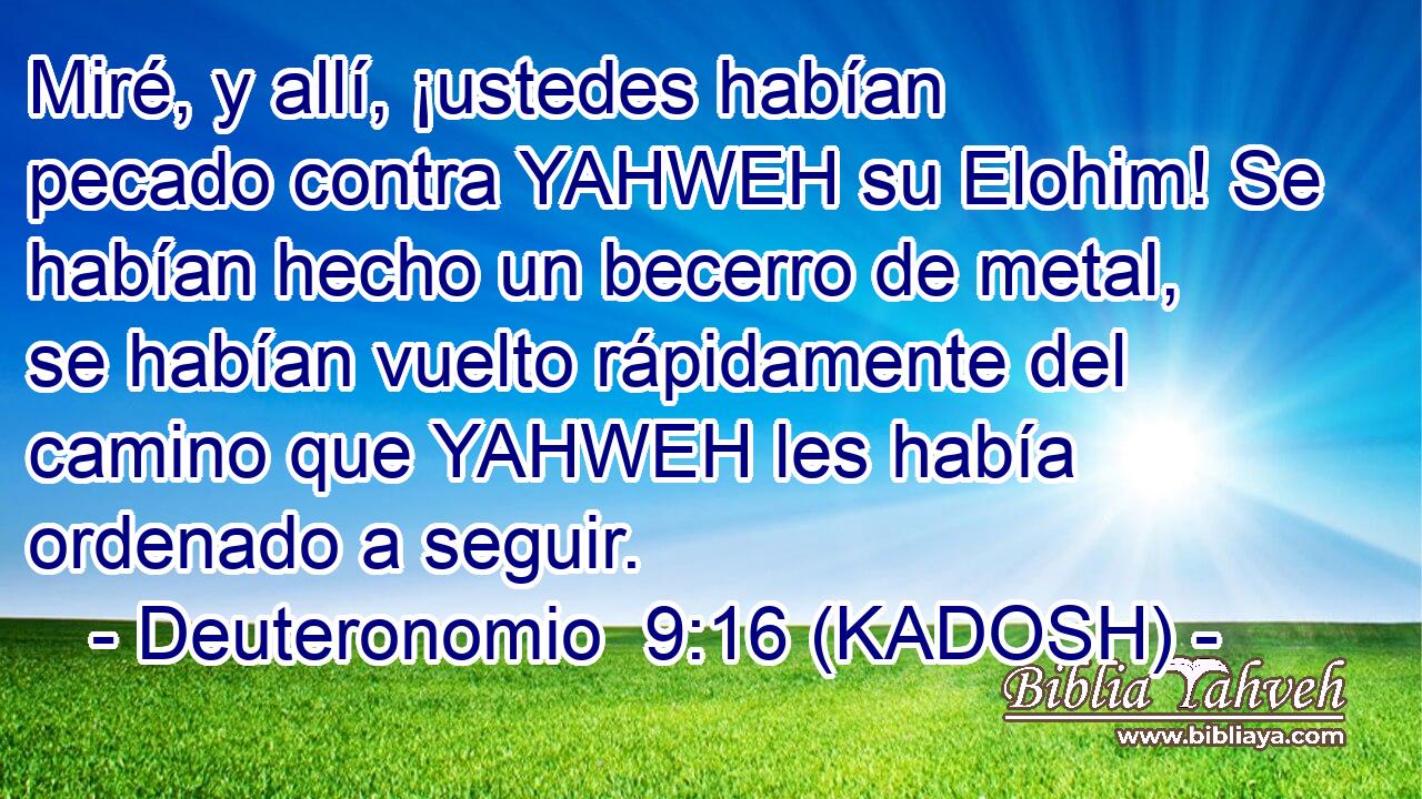  Miré, y allí, ¡ustedes habían pecado contra YAHWEH su Elohim! Se habían hecho un becerro de metal, se habían vuelto rápidamente del camino que YAHWEH les había ordenado a seguir. 