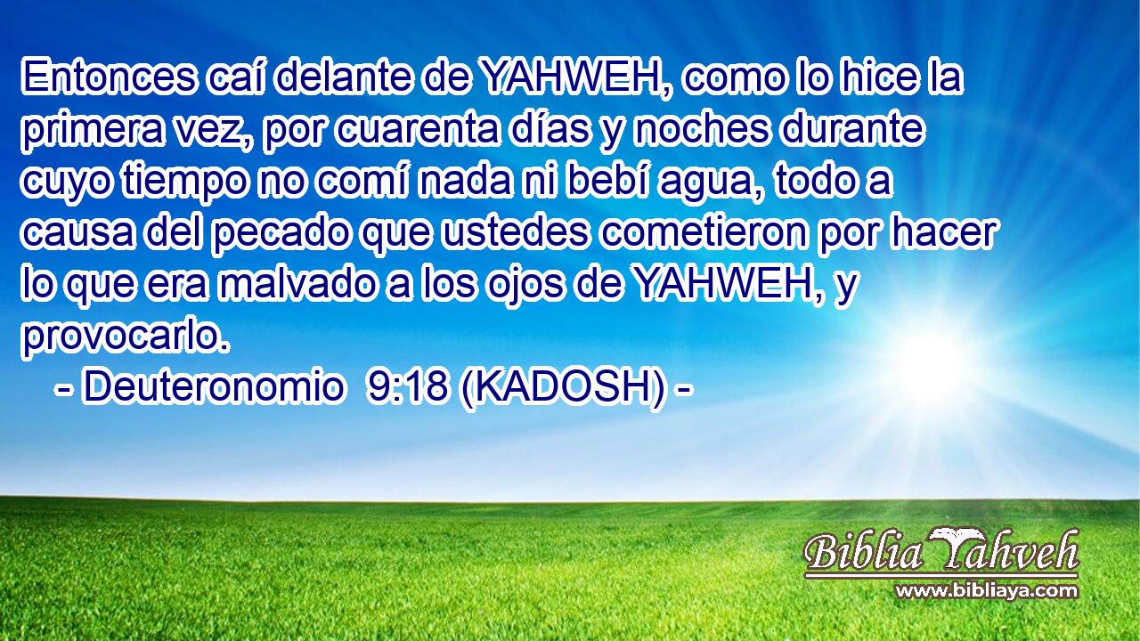  Entonces caí delante de YAHWEH, como lo hice la primera vez, por cuarenta días y noches durante cuyo tiempo no comí nada ni bebí agua, todo a causa del pecado que ustedes cometieron por hacer lo que era malvado a los ojos de YAHWEH, y provocarlo. 
