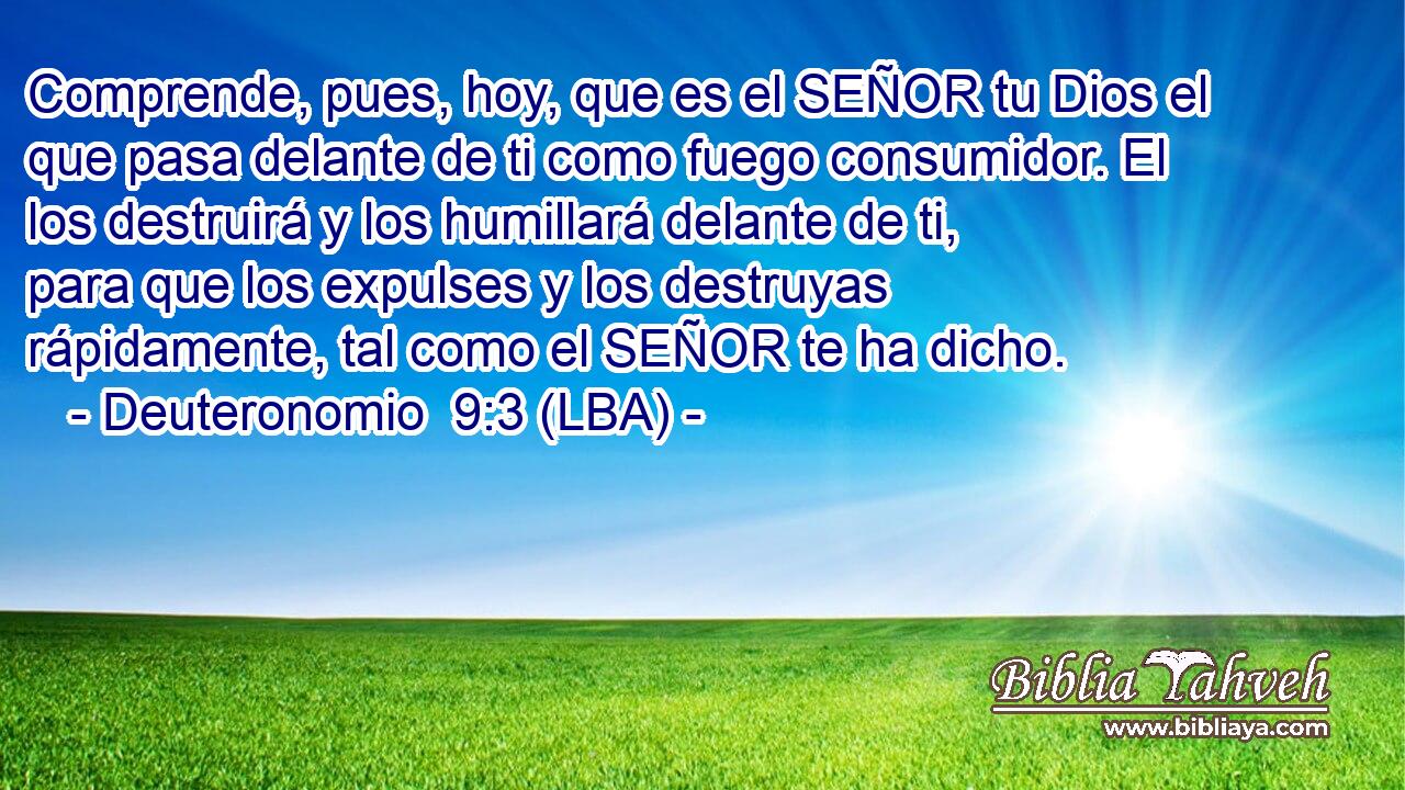 Comprende, pues, hoy, que es el SEÑOR tu Dios el que pasa delante de ti como fuego consumidor. El los destruirá y los humillará delante de ti, para que los expulses y los destruyas rápidamente, tal como el SEÑOR te ha dicho.