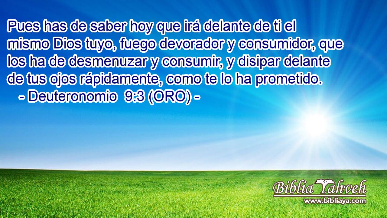  Pues has de saber hoy que irá delante de ti el mismo Dios tuyo, fuego devorador y consumidor, que los ha de desmenuzar y consumir, y disipar delante de tus ojos rápidamente, como te lo ha prometido. 