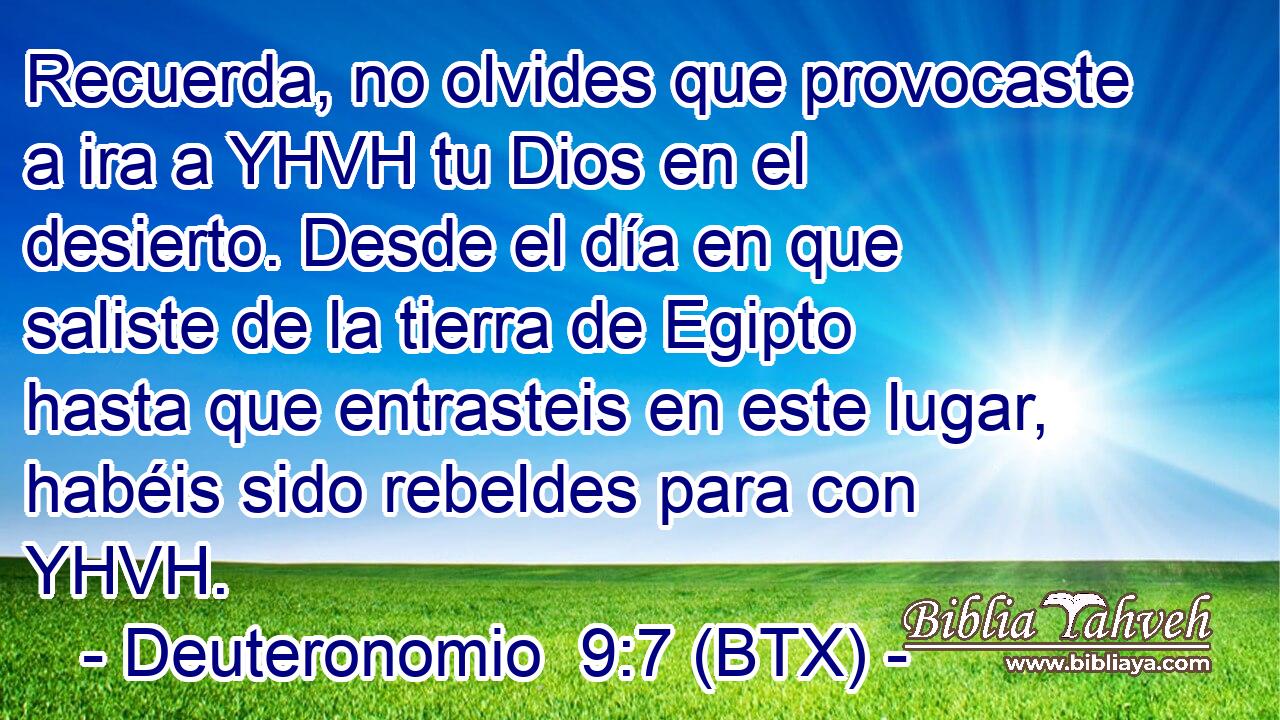 Recuerda, no olvides que provocaste a ira a YHVH tu Dios en el desierto. Desde el día en que saliste de la tierra de Egipto hasta que entrasteis en este lugar, habéis sido rebeldes para con YHVH.
