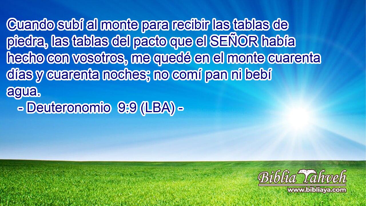 Cuando subí al monte para recibir las tablas de piedra, las tablas del pacto que el SEÑOR había hecho con vosotros, me quedé en el monte cuarenta días y cuarenta noches; no comí pan ni bebí agua.