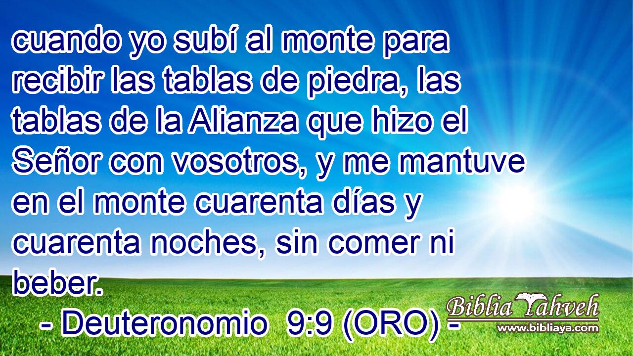  cuando yo subí al monte para recibir las tablas de piedra, las tablas de la Alianza que hizo el Señor con vosotros, y me mantuve en el monte cuarenta días y cuarenta noches, sin comer ni beber. 