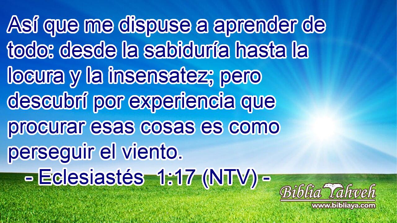 Así que me dispuse a aprender de todo: desde la sabiduría hasta la locura y la insensatez; pero descubrí por experiencia que procurar esas cosas es como perseguir el viento.