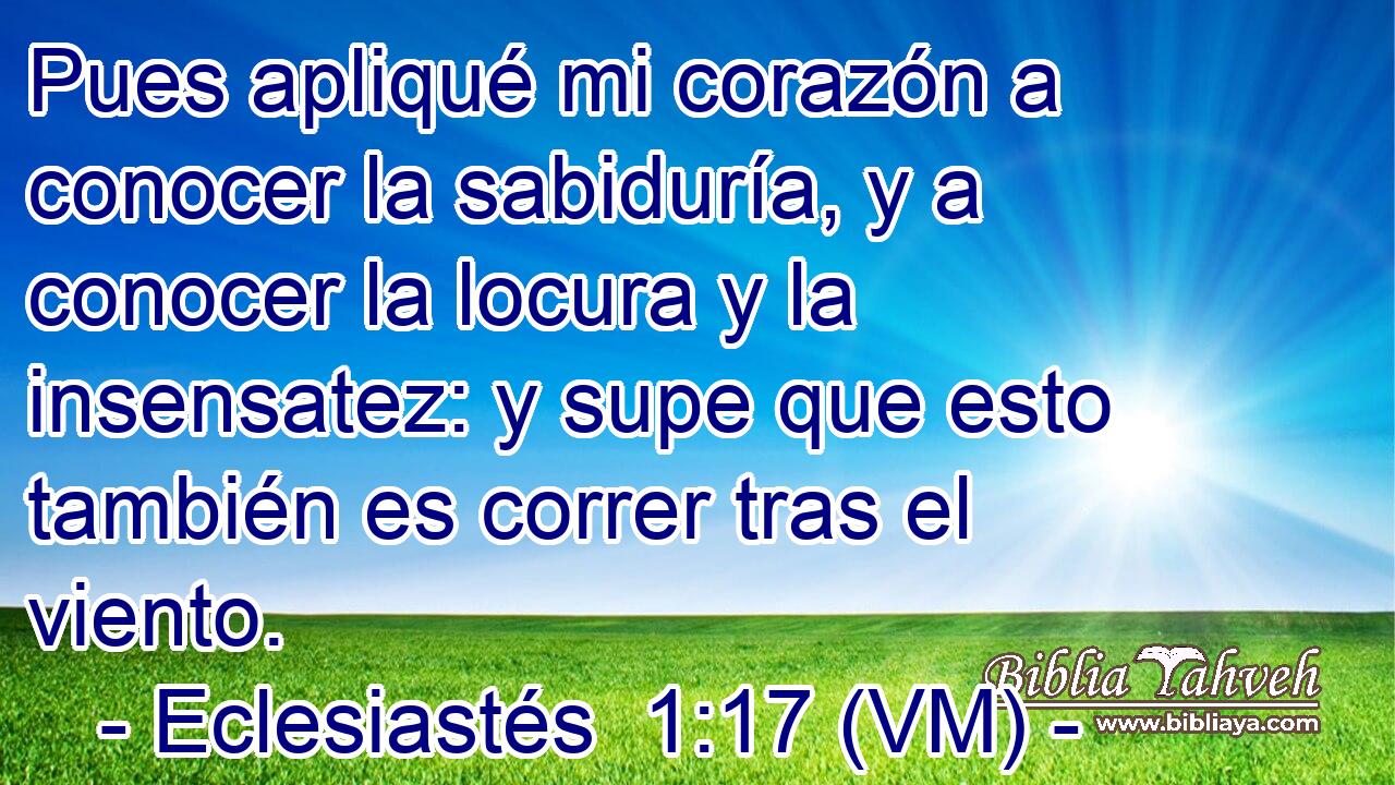  Pues apliqué mi corazón a conocer la sabiduría, y a conocer la locura y la insensatez: y supe que esto también es correr tras el viento. 