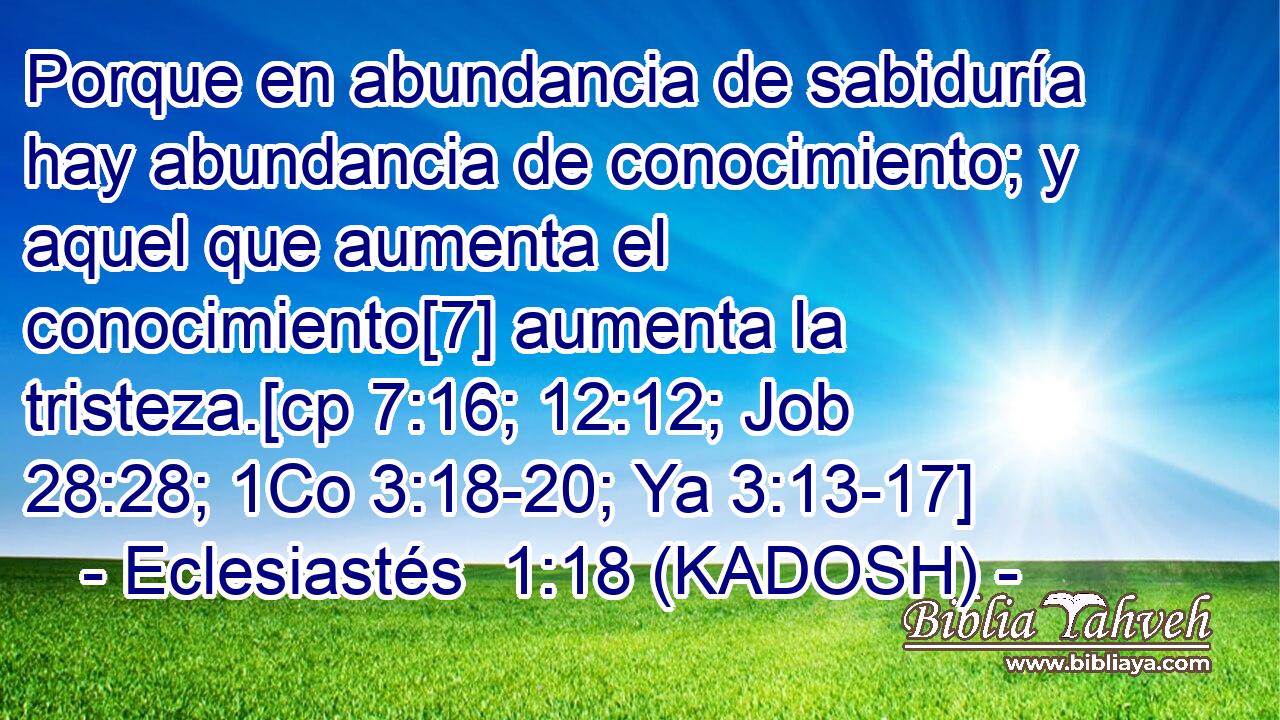  Porque en abundancia de sabiduría hay abundancia de conocimiento; y aquel que aumenta el conocimiento[7] aumenta la tristeza.[cp 7:16; 12:12; Job 28:28; 1Co 3:18-20; Ya 3:13-17] 