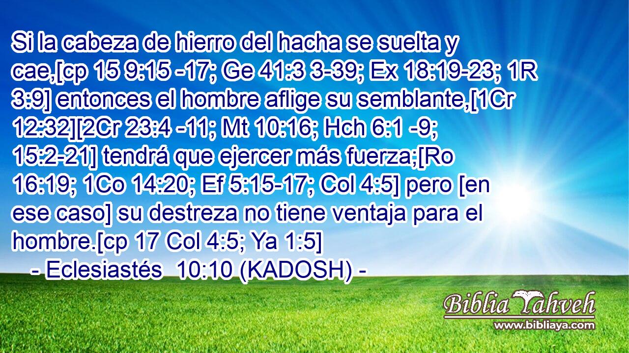  Si la cabeza de hierro del hacha se suelta y cae,[cp 15 9:15 -17; Ge 41:3 3-39; Ex 18:19-23; 1R 3:9] entonces el hombre aflige su semblante,[1Cr 12:32][2Cr 23:4 -11; Mt 10:16; Hch 6:1 -9; 15:2-21] tendrá que ejercer más fuerza;[Ro 16:19; 1Co 14:20; Ef 5:15-17; Col 4:5] pero [en ese caso] su destreza no tiene ventaja para el hombre.[cp 17 Col 4:5; Ya 1:5] 