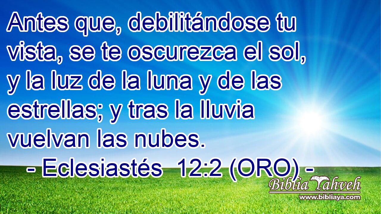  Antes que, debilitándose tu vista, se te oscurezca el sol, y la luz de la luna y de las estrellas; y tras la lluvia vuelvan las nubes. 